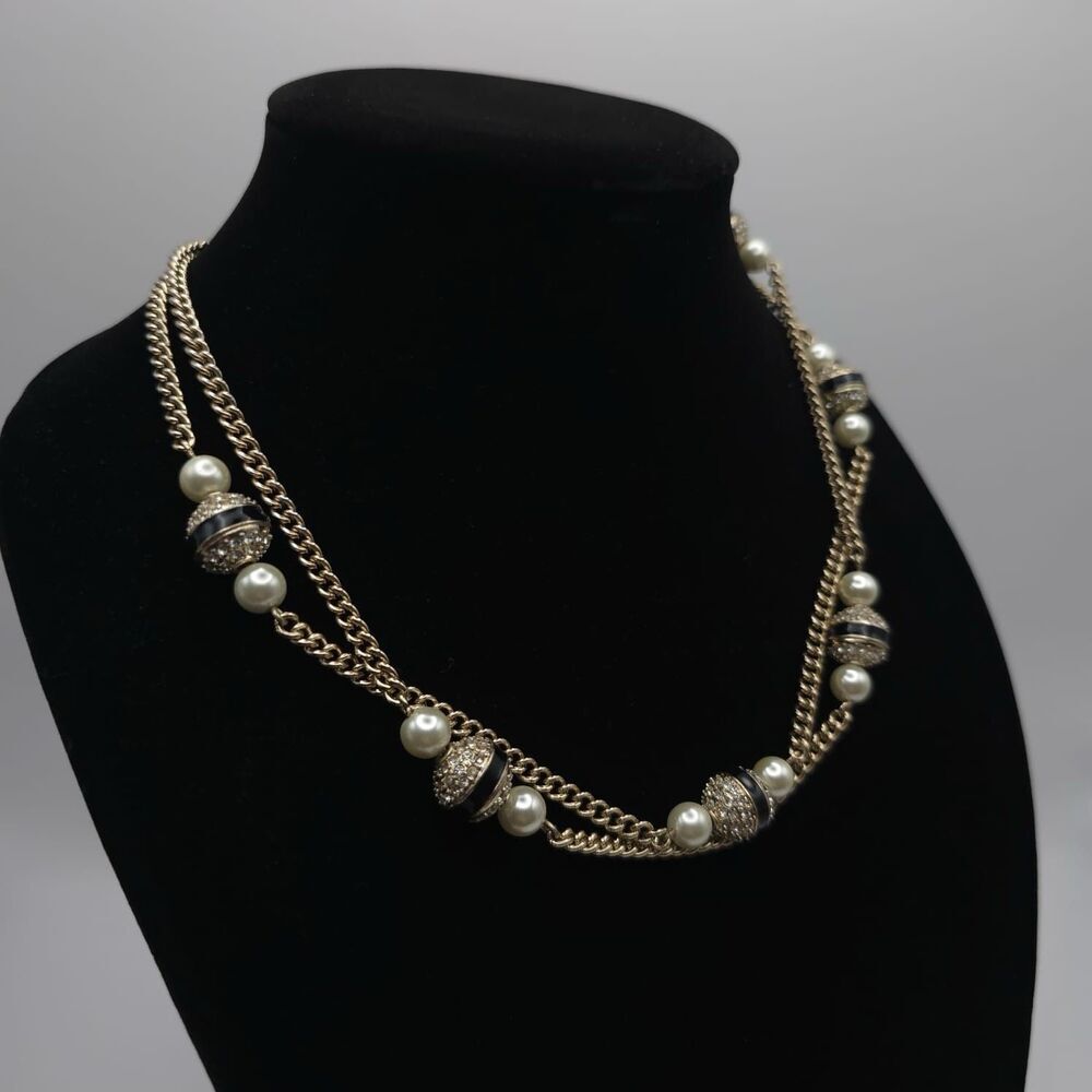 J.Crew Double Strand Faux Pearl Cream Enamel Rhinestone‎ Necklace Gold Tone
